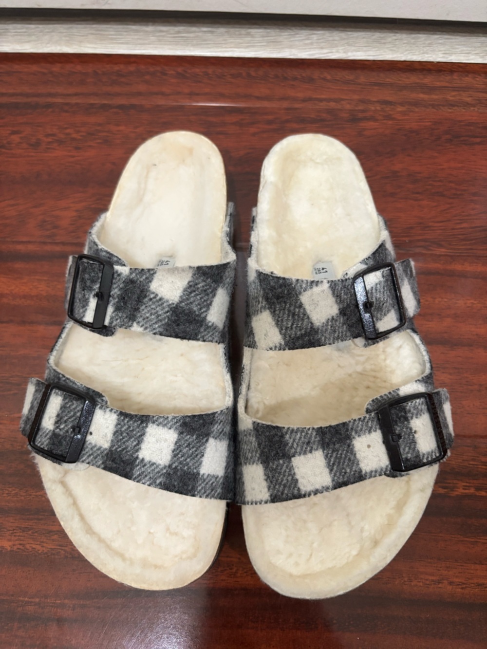 Birkenstock Black & Cream Plaid Shearling Slide